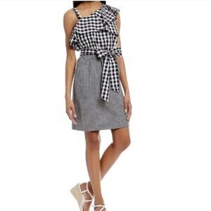 Calvin Klein One Shoulder Ruffle Gingham Black White Sheath Midi Dress 4 NWT